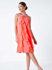 Roman Orange Embellished Collar Frilled Chiffon Dress - Image 1 of 5