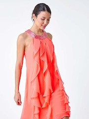 Roman Orange Embellished Collar Frilled Chiffon Dress - Image 2 of 5