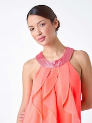 Roman Orange Embellished Collar Frilled Chiffon Dress - Image 4 of 5