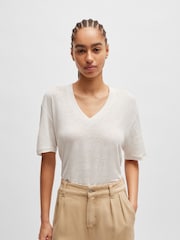 BOSS White 100% Linen V-Neck T-Shirt - Image 1 of 4