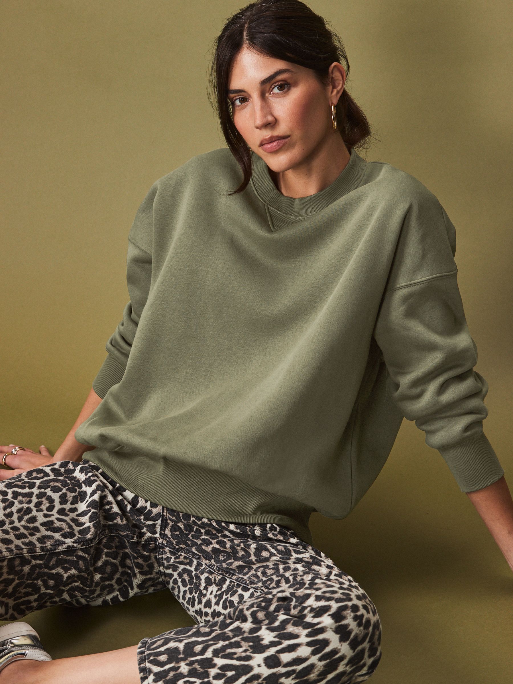 Buy Olive Green Oversized Relaxed Fit Heavyweight Brushed Longline Crew Neck Sweatshirt from the Next UK online shop