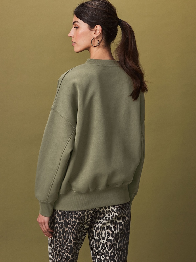 Olive Green Oversized Relaxed Fit Heavyweight Brushed Longline Crew Neck Sweatshirt - Image 4 of 8