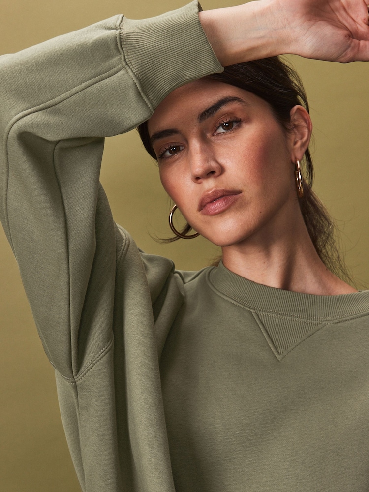 Olive Green Oversized Relaxed Fit Heavyweight Brushed Longline Crew Neck Sweatshirt - Image 5 of 8