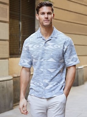 Threadbare Blue Blend Zig Zag Revere Collar Short Sleeve Shirt - Image 1 of 4