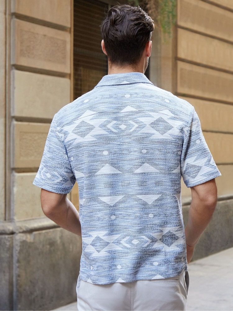 Threadbare Blue Blend Zig Zag Revere Collar Short Sleeve Shirt - Image 2 of 4
