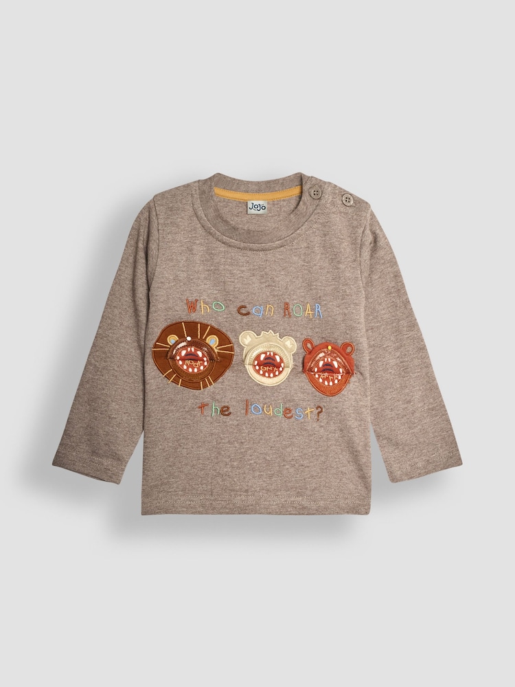 JoJo Maman Bébé Mocha Brown Who Roars The Loudest Appliqué and Embroidered Top - Image 2 of 3