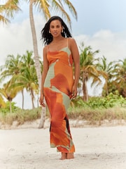 Orange Floral Print Strappy Cowl Neck Maxi Dress - Image 1 of 4