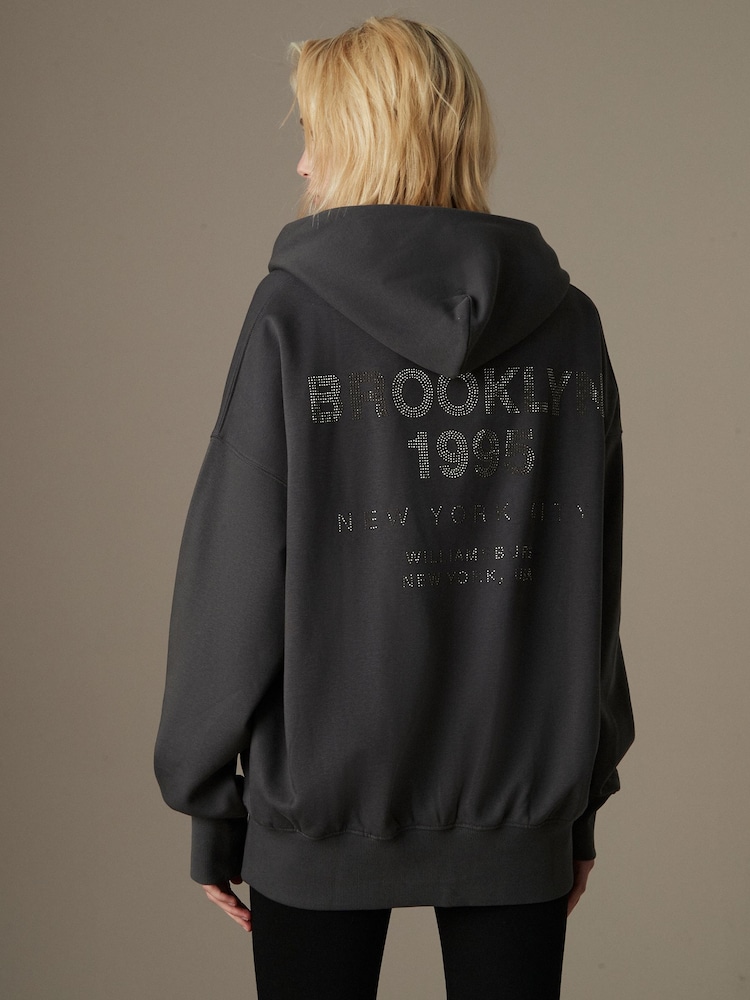 Charcoal Grey Oversized Sparkle Back Graphic Longline Hoodie - Image 1 of 9