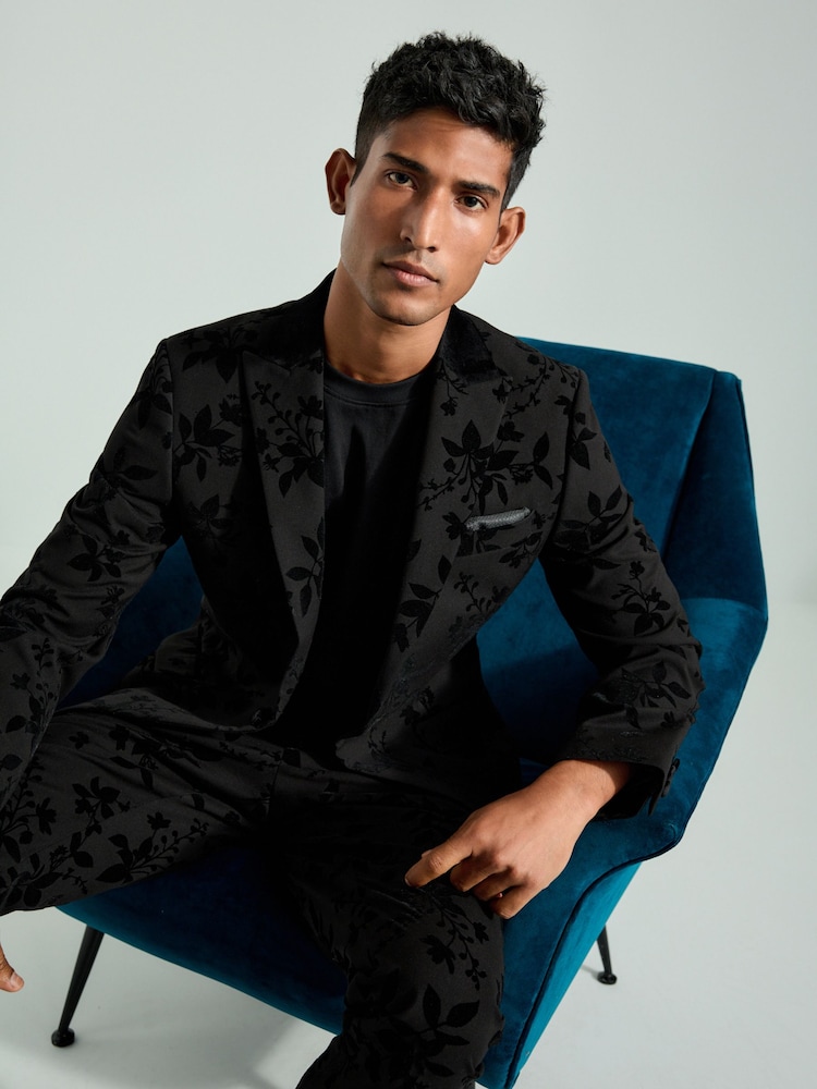 Black Floral Velvet Print Blazer - Image 1 of 12