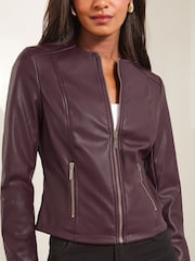 Lipsy Burgundy Faux Leather Collarless Jacket - Image 2 of 4