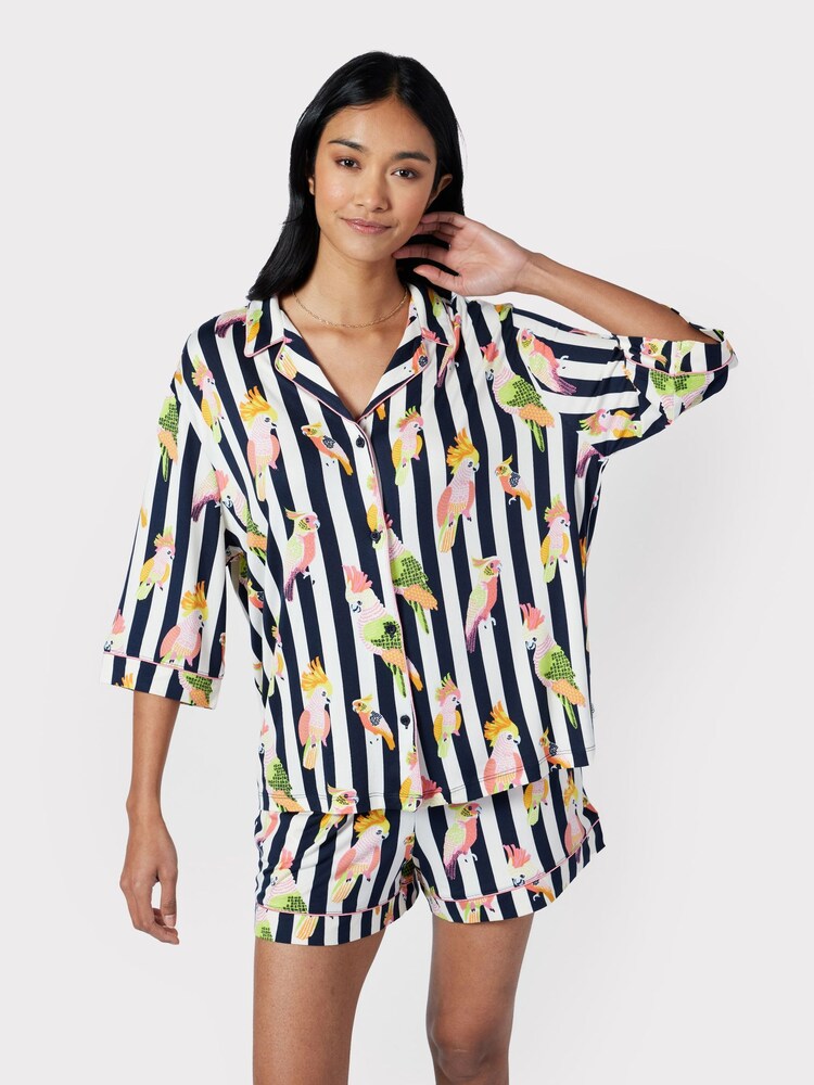 Chelsea Peers Blue Cockatiel Stripe Print Button Up Short Pyjama Set - Image 1 of 5