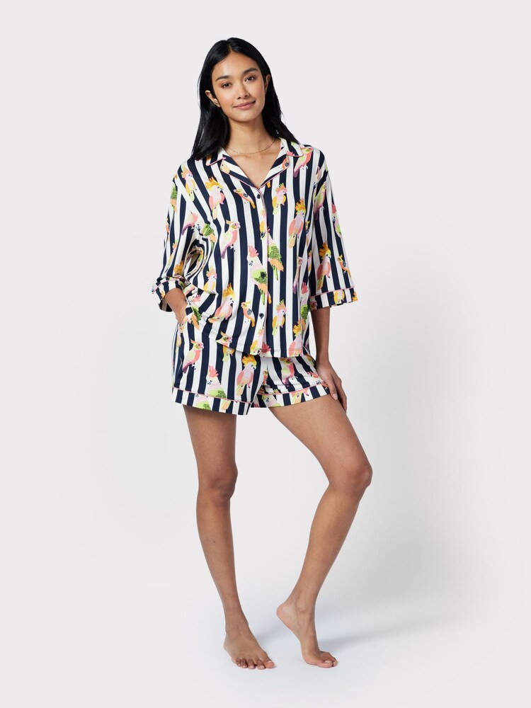 Chelsea Peers Blue Cockatiel Stripe Print Button Up Short Pyjama Set - Image 2 of 5