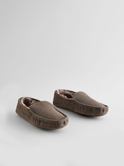 Brown Suede Faux Fur Lined Moccasin Slippers - Image 1 of 5