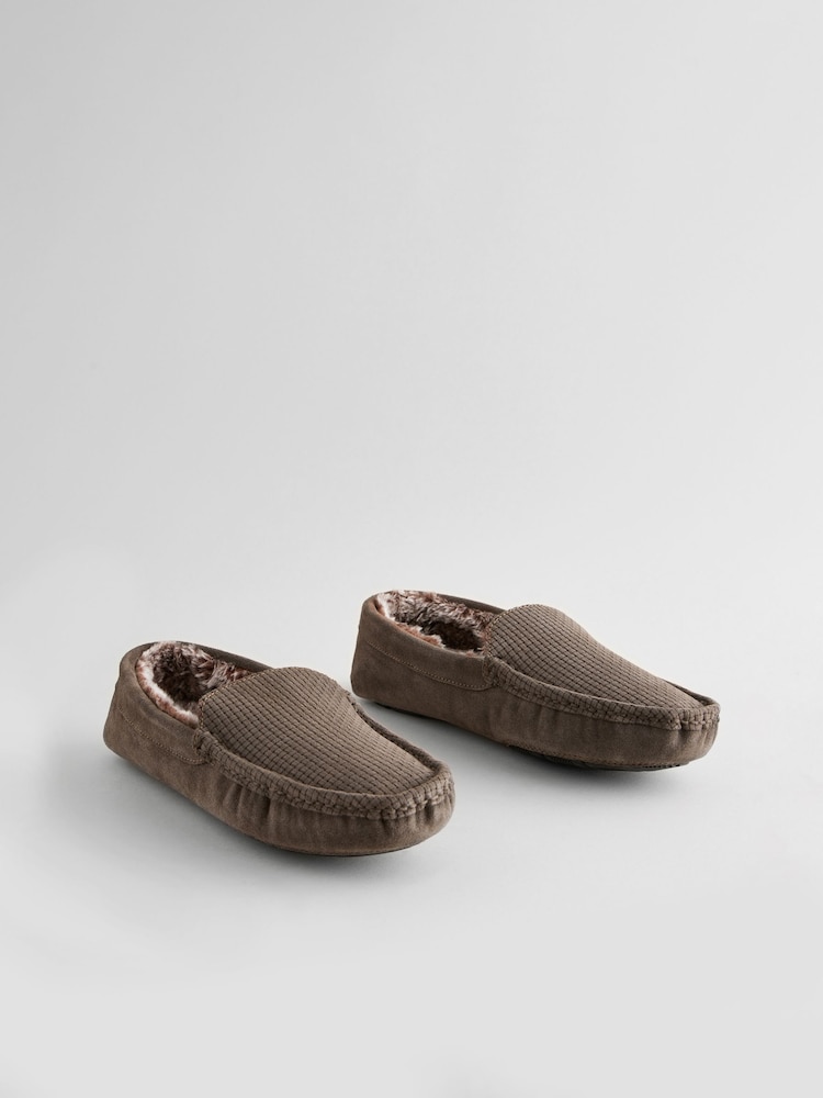 Brown Suede Faux Fur Lined Moccasin Slippers - Image 1 of 5