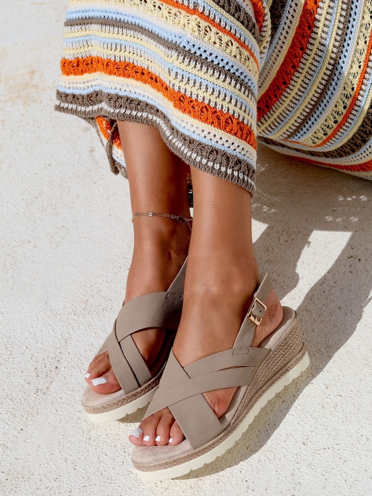 Linzi Natural Myla Sling Back Wedge Espadrille Sandals With Cross Over Front Strap - Image 1 of 4