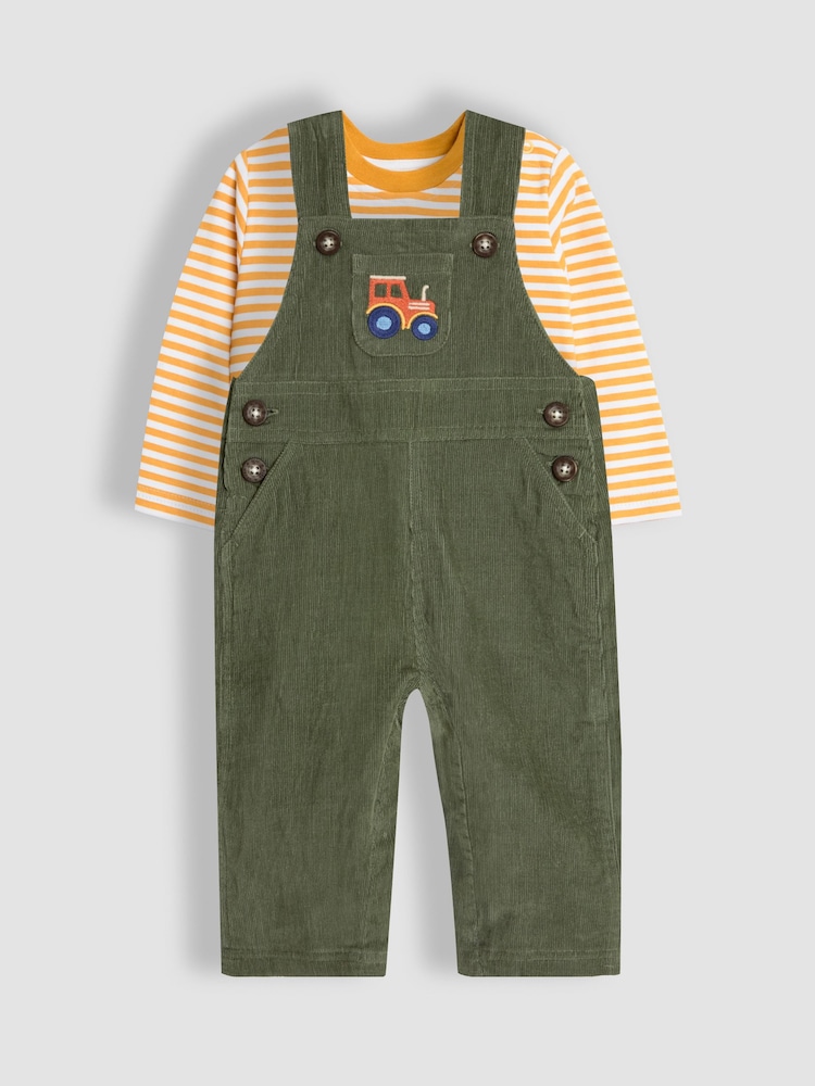 JoJo Maman Bébé Khaki Green Tractor Cotton Embroidered Pocket Dungarees And Top - Image 1 of 6