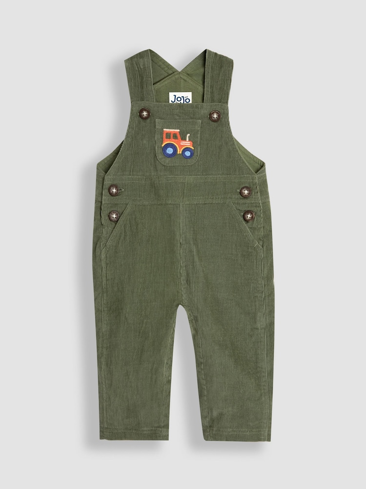 JoJo Maman Bébé Khaki Green Tractor Cotton Embroidered Pocket Dungarees And Top - Image 2 of 6