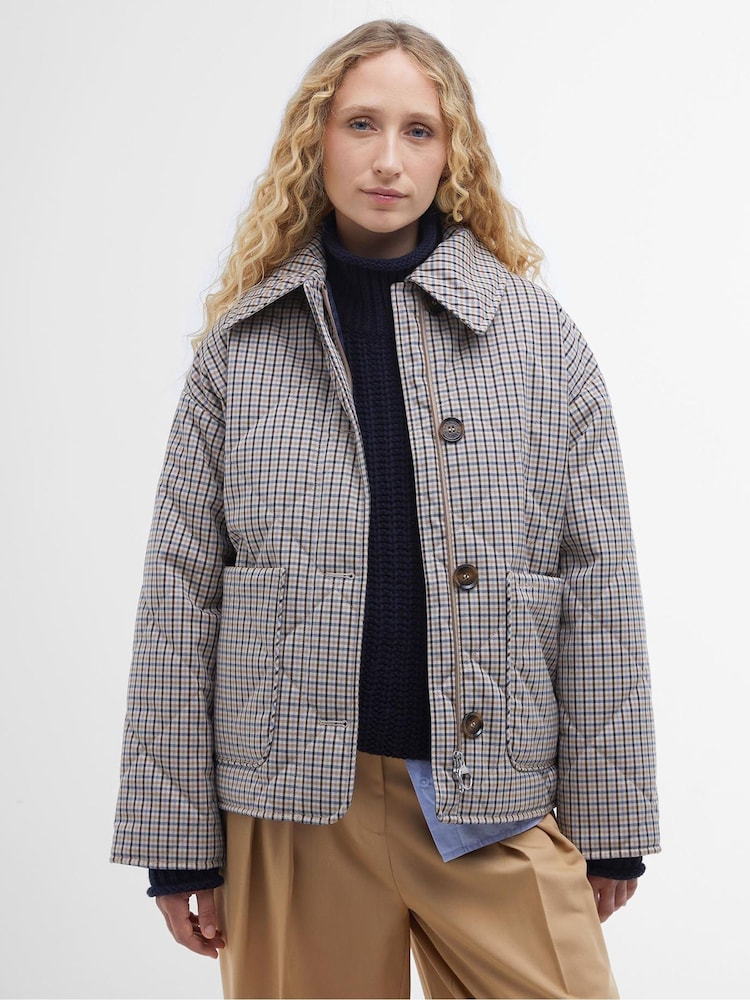 Barbour® Beige Check Cassidie Short Boxy Quilt Jacket - Image 1 of 7