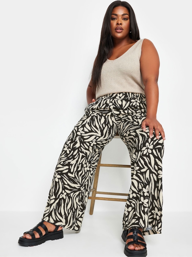 Yours Curve Black Floral Print Wide Leg Trousers - Image 2 of 6