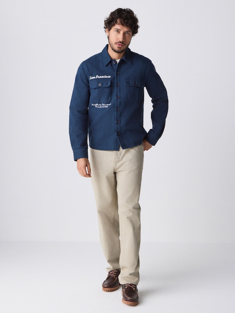 Navy Blue Denim Embroidered 100% Cotton Shacket - Image 2 of 9