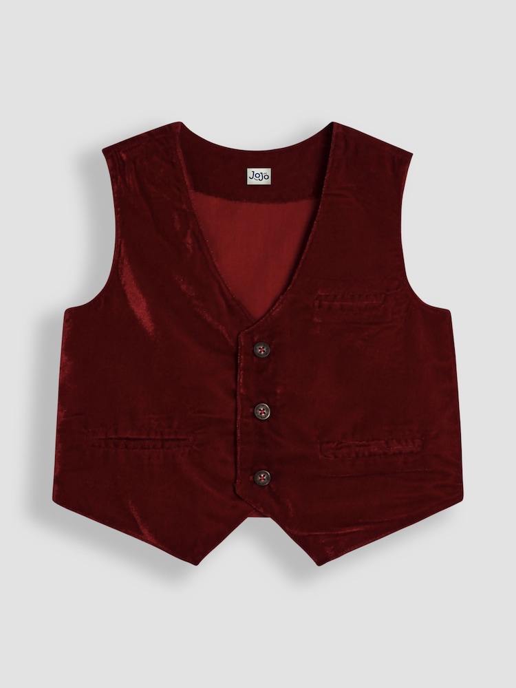 JoJo Maman Bébé Burgundy Velvet Waistcoat Shirt and Trousers Set - Image 2 of 10