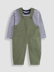 JoJo Maman Bébé Khaki Twill Side Pocket Dungarees And Stripe Top Set - Image 1 of 6