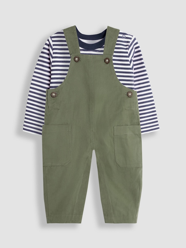 JoJo Maman Bébé Khaki Twill Side Pocket Dungarees And Stripe Top Set - Image 1 of 6