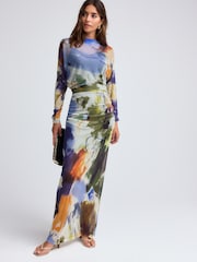 Blue Multi Abstract Print Mesh Batwing Sleeve Maxi Dress - Image 1 of 8