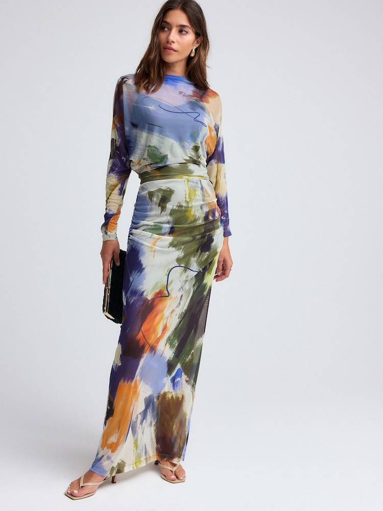 Blue Multi Abstract Print Mesh Batwing Sleeve Maxi Dress - Image 1 of 8
