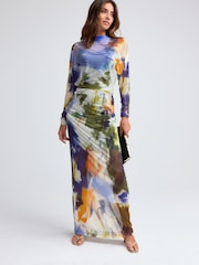 Blue Multi Abstract Print Mesh Batwing Sleeve Maxi Dress - Image 2 of 8