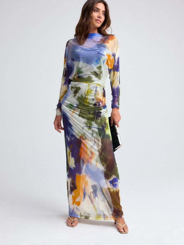 Blauer Mehrfarbiger Abstrakter Print - Maxikleid aus Netzstoff mit Fledermausärmeln - Bild 2 von 8 Blauer Mehrfarbiger Abstrakter Print - Maxikleid aus Netzstoff mit Fledermausärmeln - Bild 2 von 8