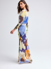 Blue Multi Abstract Print Mesh Batwing Sleeve Maxi Dress - Image 3 of 8