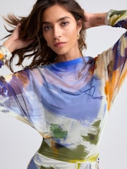 Blue Multi Abstract Print Mesh Batwing Sleeve Maxi Dress - Image 5 of 8