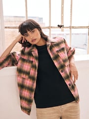 Pink/Brown Borg Brushcheck Fleece Shacket - Image 1 of 9