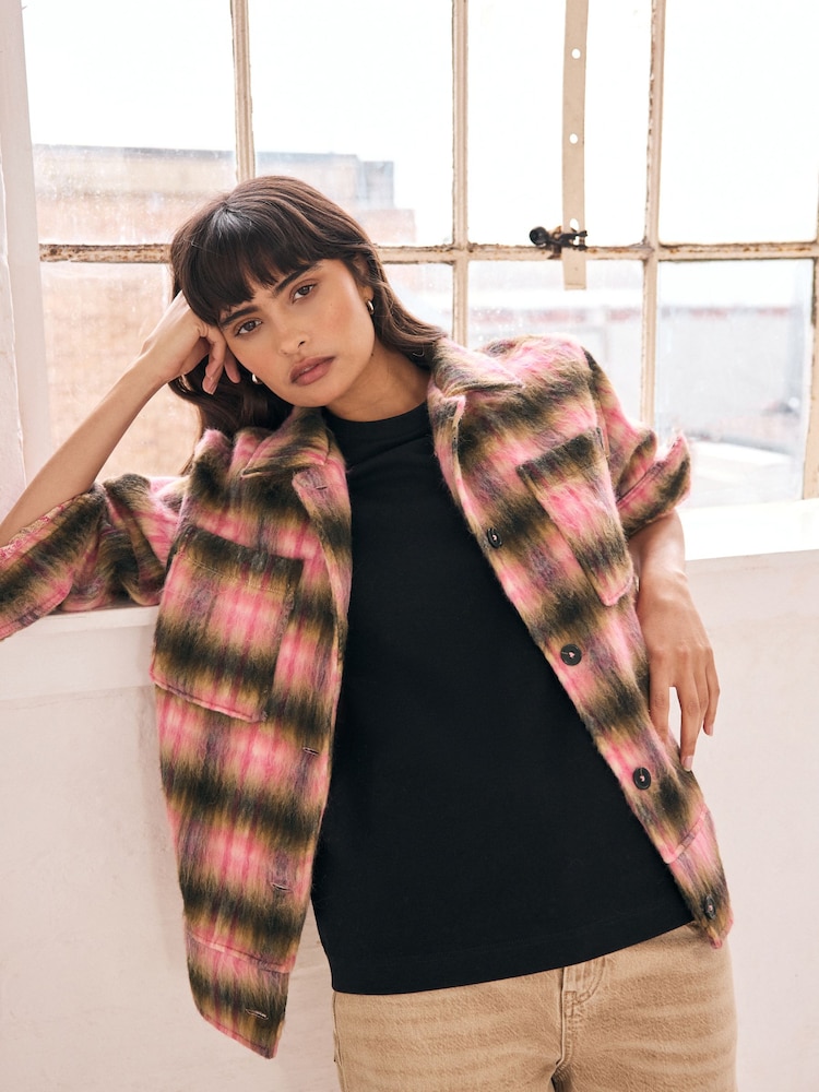 Pink/Brown Borg Brushcheck Fleece Shacket - Image 1 of 9