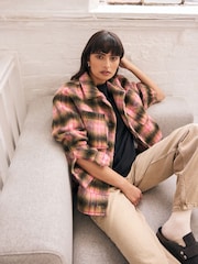 Pink/Brown Borg Brushcheck Fleece Shacket - Image 2 of 9