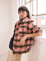 Pink/Brown Borg Brushcheck Fleece Shacket - Image 3 of 9