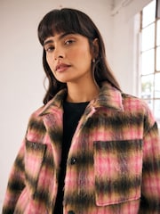 Pink/Brown Borg Brushcheck Fleece Shacket - Image 5 of 9