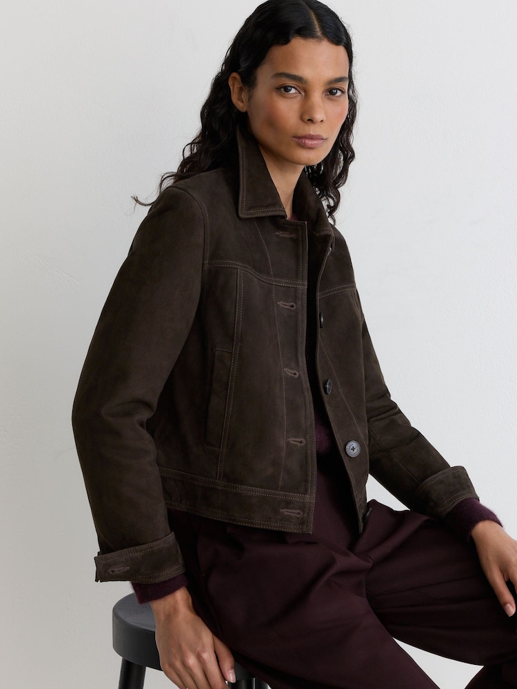 Reiss Ebony Brown Callie Petite Suede Trucker Jacket - Image 1 of 8