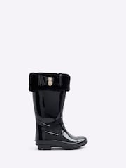 River Island Black Faux Fur Bow Girls Wellie Boots - Image 1 of 4