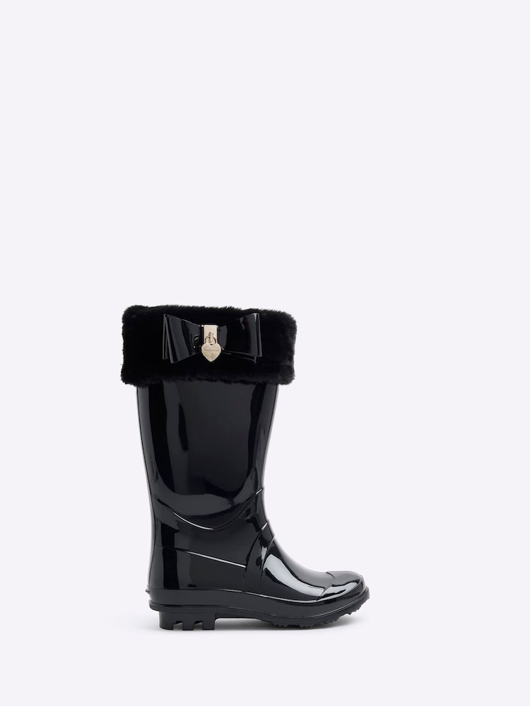 River Island Black Faux Fur Bow Girls Wellie Boots - Image 1 of 4