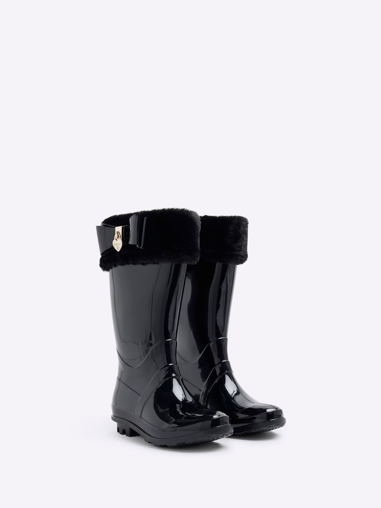 River Island Black Faux Fur Bow Girls Wellie Boots - Image 2 of 4 River Island Black Faux Fur Bow Girls Wellie Boots - Image 2 of 4