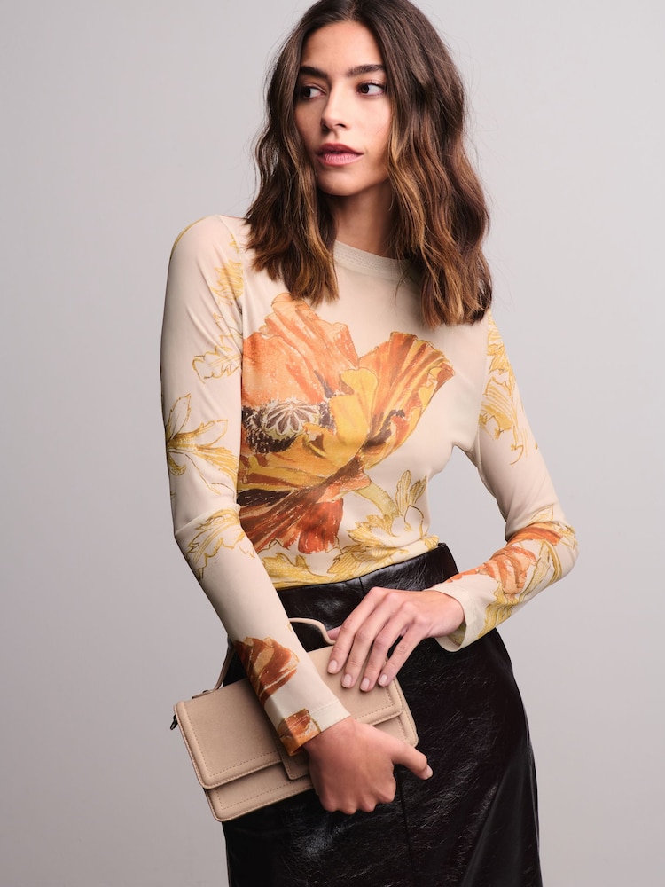 Orange Floral Print Long Sleeve Floral Mesh Top - Image 1 of 8