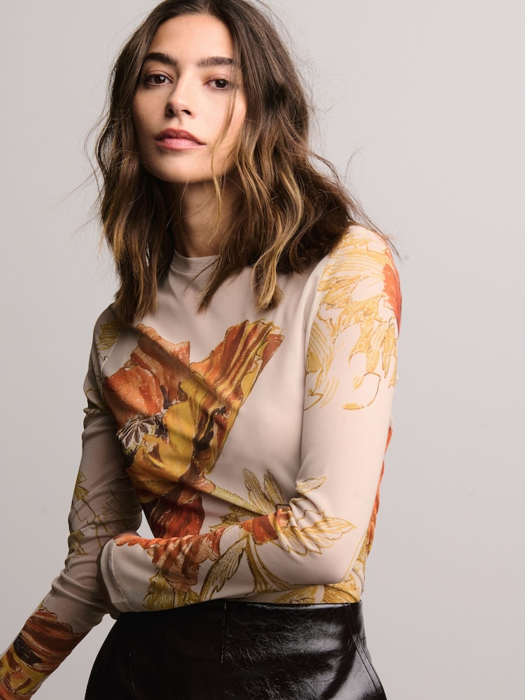 Orange Floral Print Long Sleeve Floral Mesh Top - Image 2 of 8