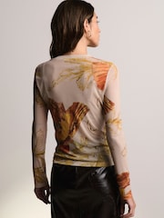 Orange Floral Print Long Sleeve Floral Mesh Top - Image 3 of 8
