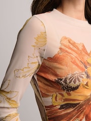 Orange Floral Print Long Sleeve Floral Mesh Top - Image 4 of 8