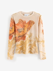 Orange Floral Print Long Sleeve Floral Mesh Top - Image 6 of 8