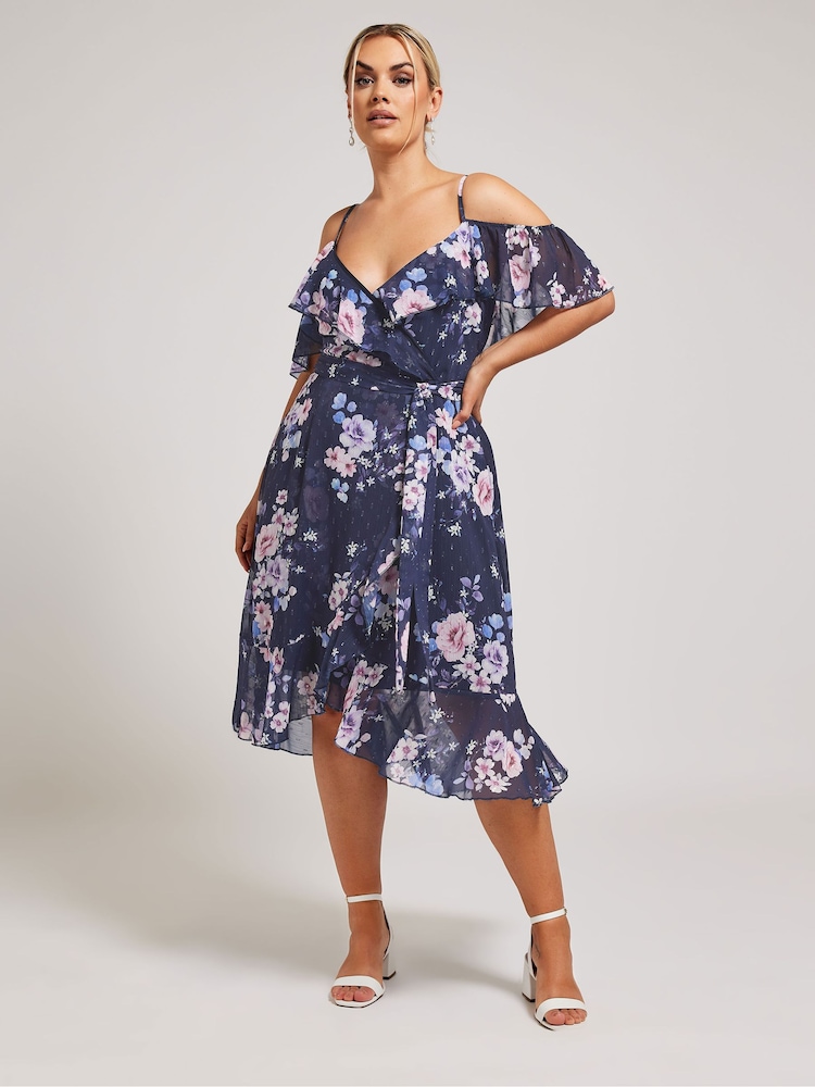 Your Curve Navy Blue Floral Print Ruffle Hem Dress - Image 1 of 4 Your Curve Navy Blue Floral Print Ruffle Hem Dress - Image 1 of 4
