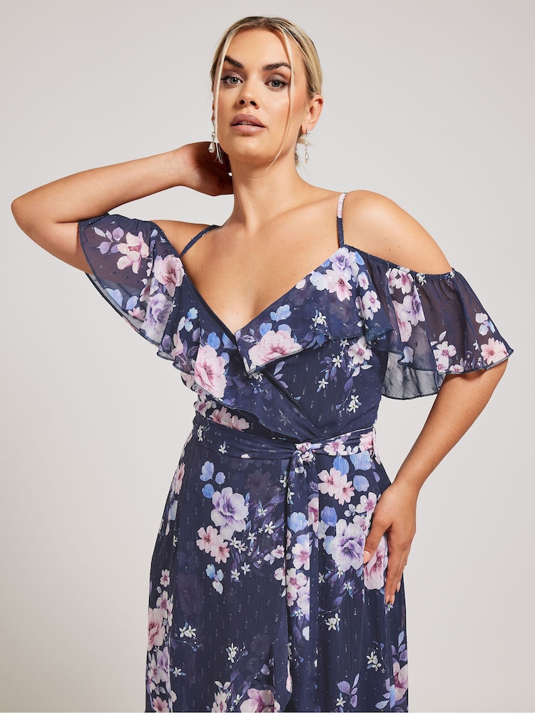 Your Curve Navy Blue Floral Print Ruffle Hem Dress - Image 2 of 4 Your Curve Navy Blue Floral Print Ruffle Hem Dress - Image 2 of 4