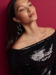 Schwarz - Pailletten-Top mit Carmen-Ausschnitt - Bild 5 von 7